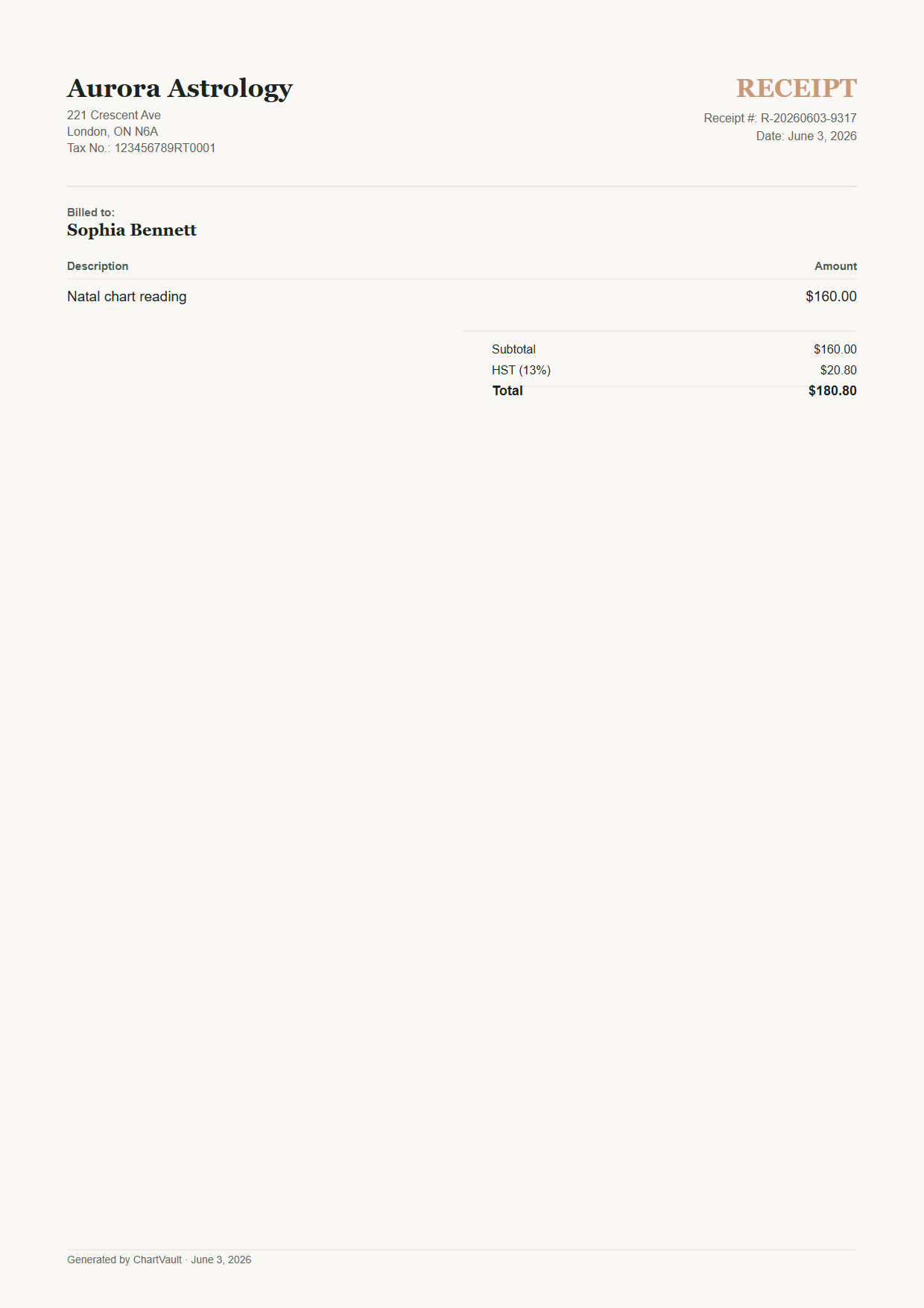 ChartVault — receipt sample
